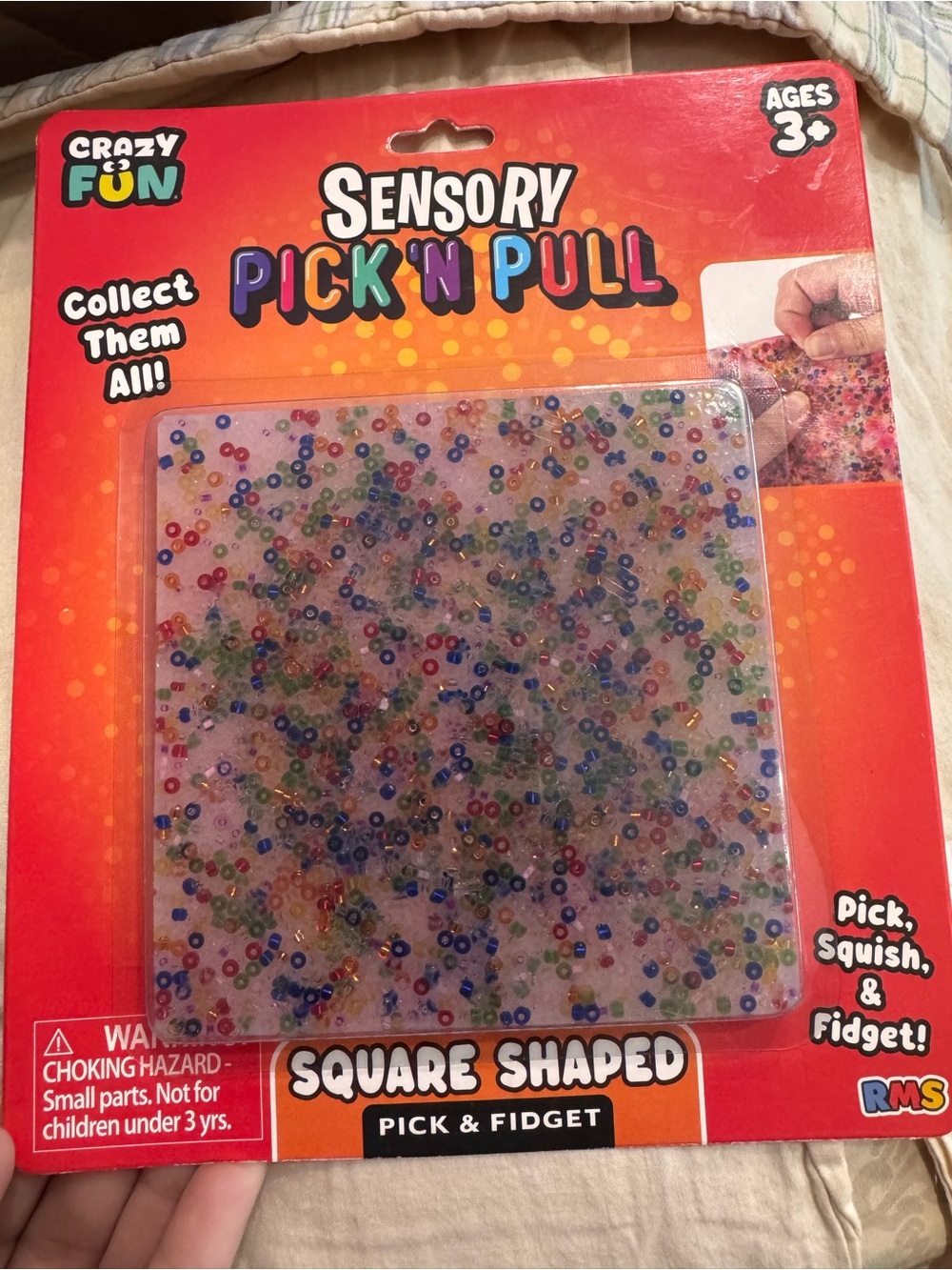 RMS Crazy Fun Sensory Pick 'N Pull Square — Clear with Multicolor Beads